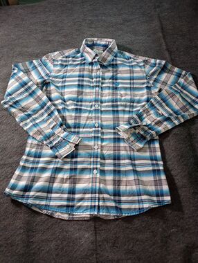 Panhandle Rough Stock Women’s Small Plaid Button Up Shirt Blue White 100% Cotton